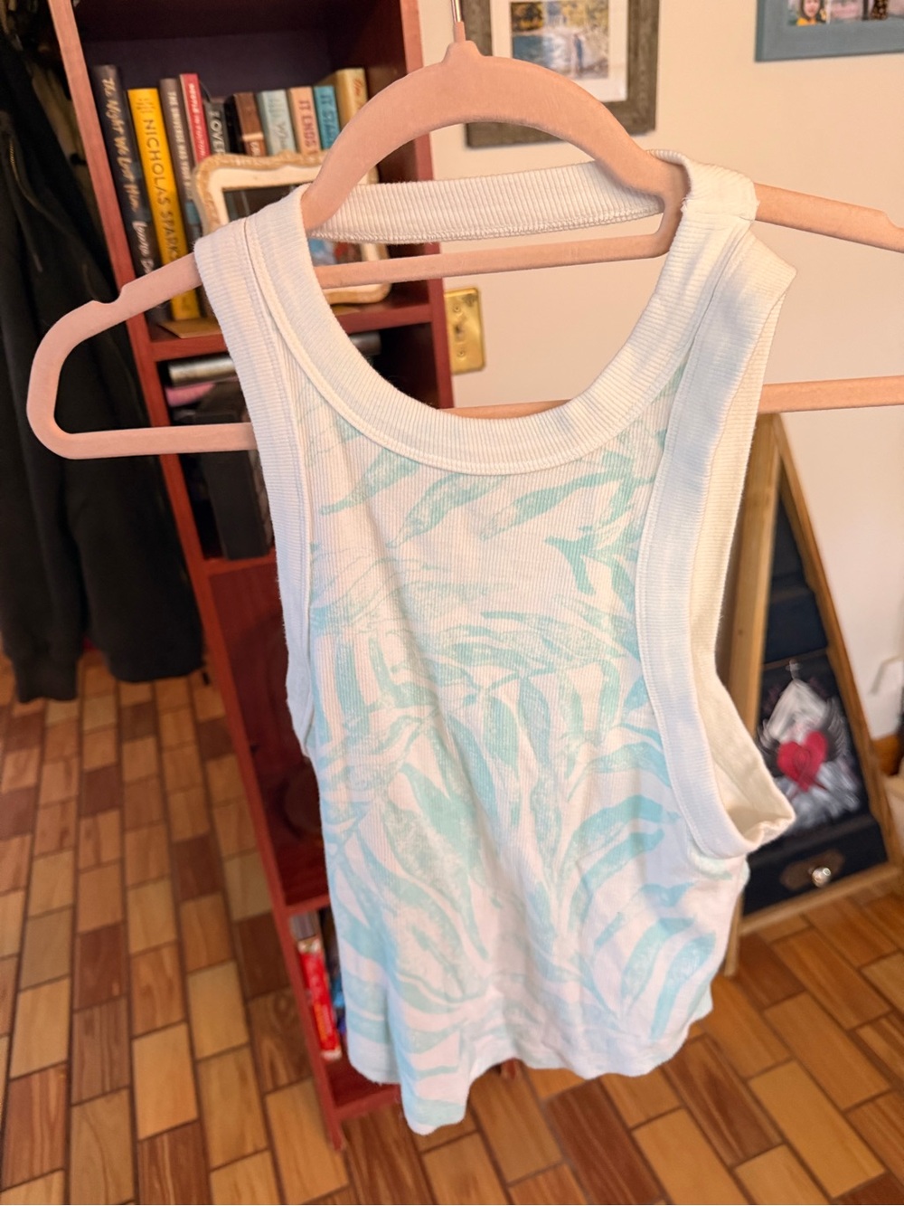 FP Movement by Free People White Tank with Pale Blue Leaf Print